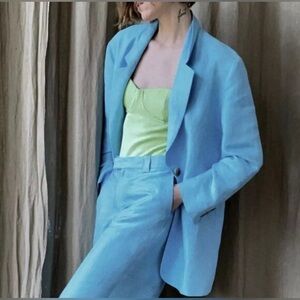 Zara Long Blue Blazer Linen Oversized Jacket Women’s Size S Pre-Owned